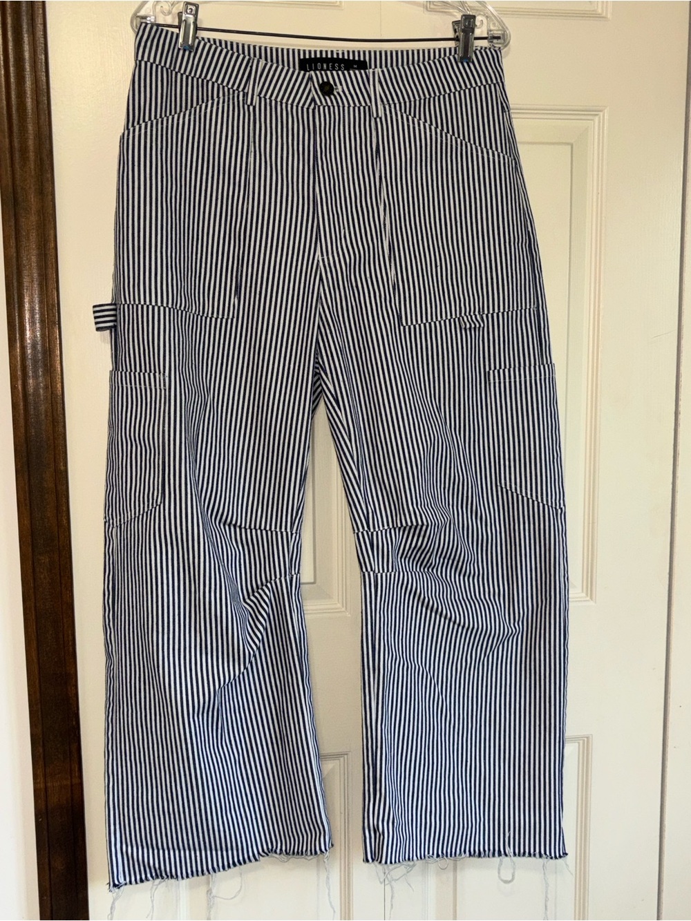 Lioness Navy and White Striped Wide-Leg barrel croppedUtility Pants